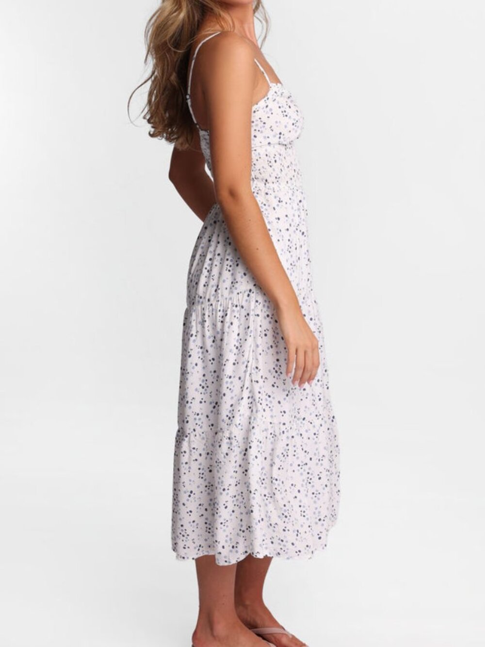 Smocked Waist Cross-Back Maxi Dress white and blue